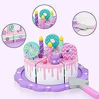Vista 4 de Juguetes de pastel para niños pequeños de 2 a 5 años, juguete de comida de madera para jugar a fingir, pastel de cumpleaños falso, juguete de cocina