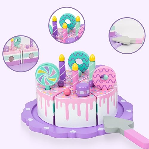 Miniatura 4 de Juguetes de pastel para niños pequeños de 1 a 3 años, comida de madera falsa para cumpleaños, fiesta de té, juguete de regalo de cocina para niños y