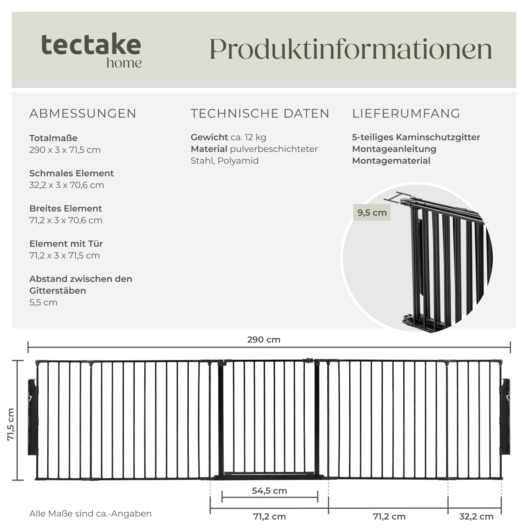 tectake® Kaminschutzgitter mit Tür 290 cm Metall Schutzgitter Ofenschutzgitter Absperrgitter faltbar Tierschutzgitter Türschutzgitter 5 Elemente Laufstall Kinderschutz Tür mit Sicherung - schwarz