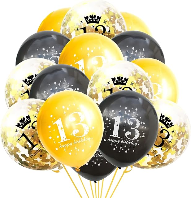 onehous 13th Birthday Decorations for Boys Girls, 12 inch Black Gold Birthday Balloons Latex Confetti Balloons & Ribbons for 13th Party Decoration Birthday Party Supplies - 15 Pcs (Age 13) Reusable