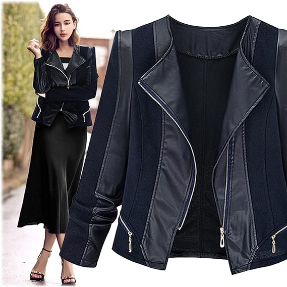Women Plus Size Large Women Zipper Leather Zip-Up Vintage Slim Lady Coat Moto Jacket Black, XXL