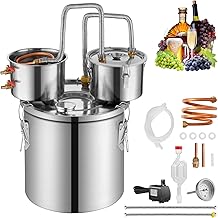 VEVOR Alcohol Still with Thumper Keg, 3Gal / 11L Alcohol Distiller, Distillery Kit for Alcohol with Copper Tube, Build-in Thermometer & Water Pump for Wine Whisky Brandy