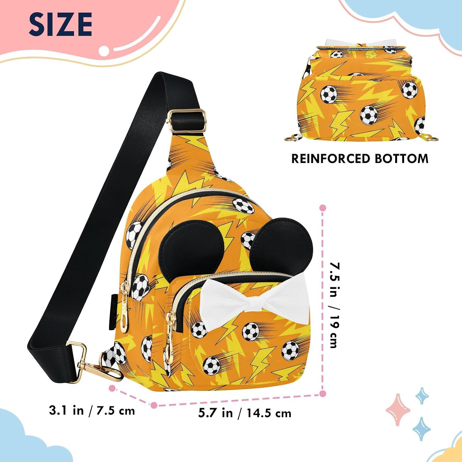 Sinestour Soccer Balls Kids Sling Bag for Girls, 5.7x7.5x3.1Inches | Crossbody Fanny Pack, Toddler Purse, Cute Sling Belt Bag with Ears, 2L Small Shoulder Chest Bag for Travel