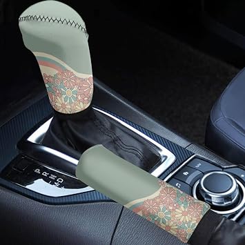 Belidome Abstract Hippie Flower Car Handbrake Cover Gear Shift Cover Set 70s Groovy Floral Retro Swirl Wavy SUV Trucks Interior Decor for Women