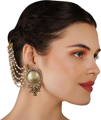 Jwellmart Indian Bollywood Oxidised Multiline Faux Pearl Ear Chains/Hair Chains for Earring Support Traditional Jewelry, M, Brass, No Gemstone
