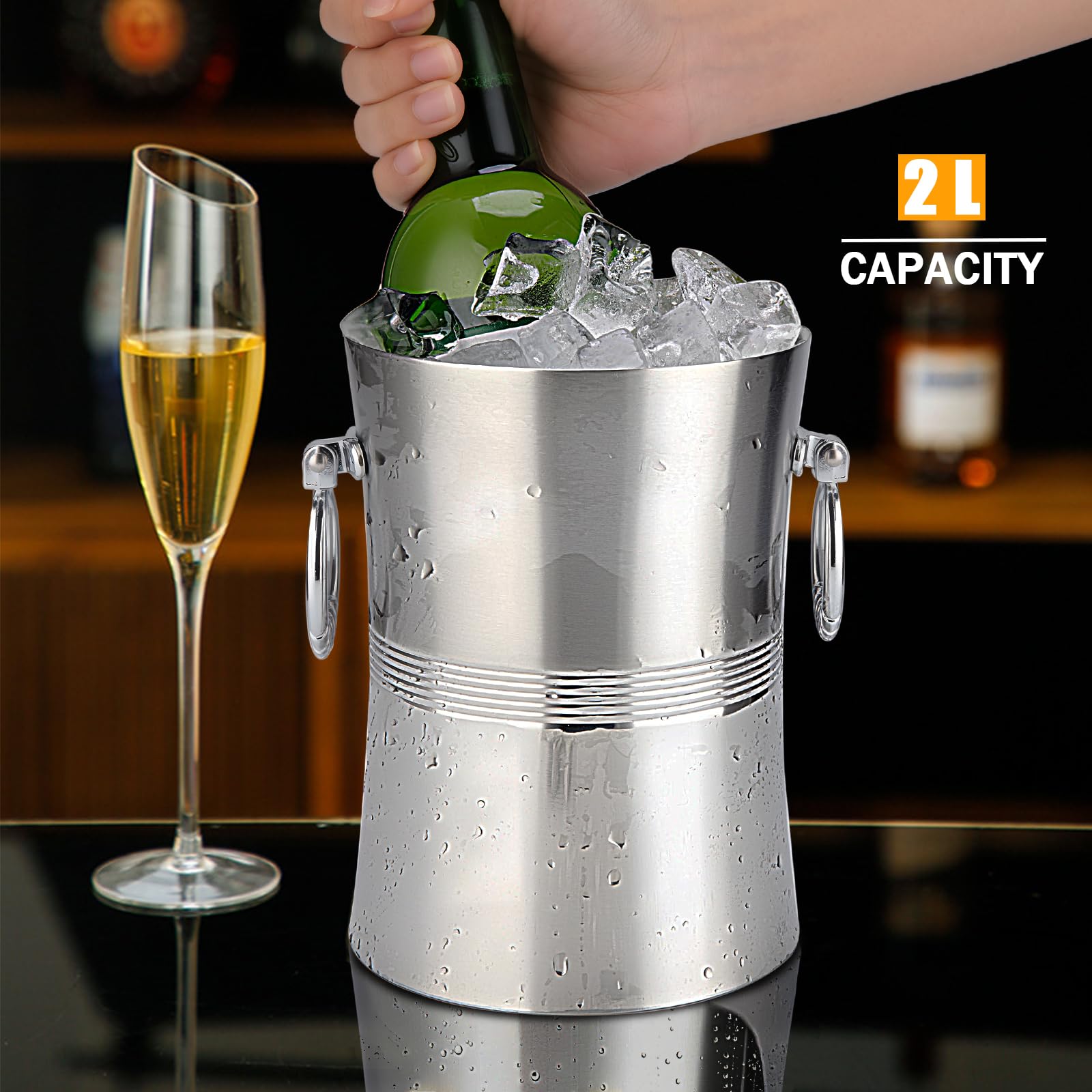 Cubitera de hielo de 2 litros para fiestas, cubo de hielo de acero inoxidable (plateado)