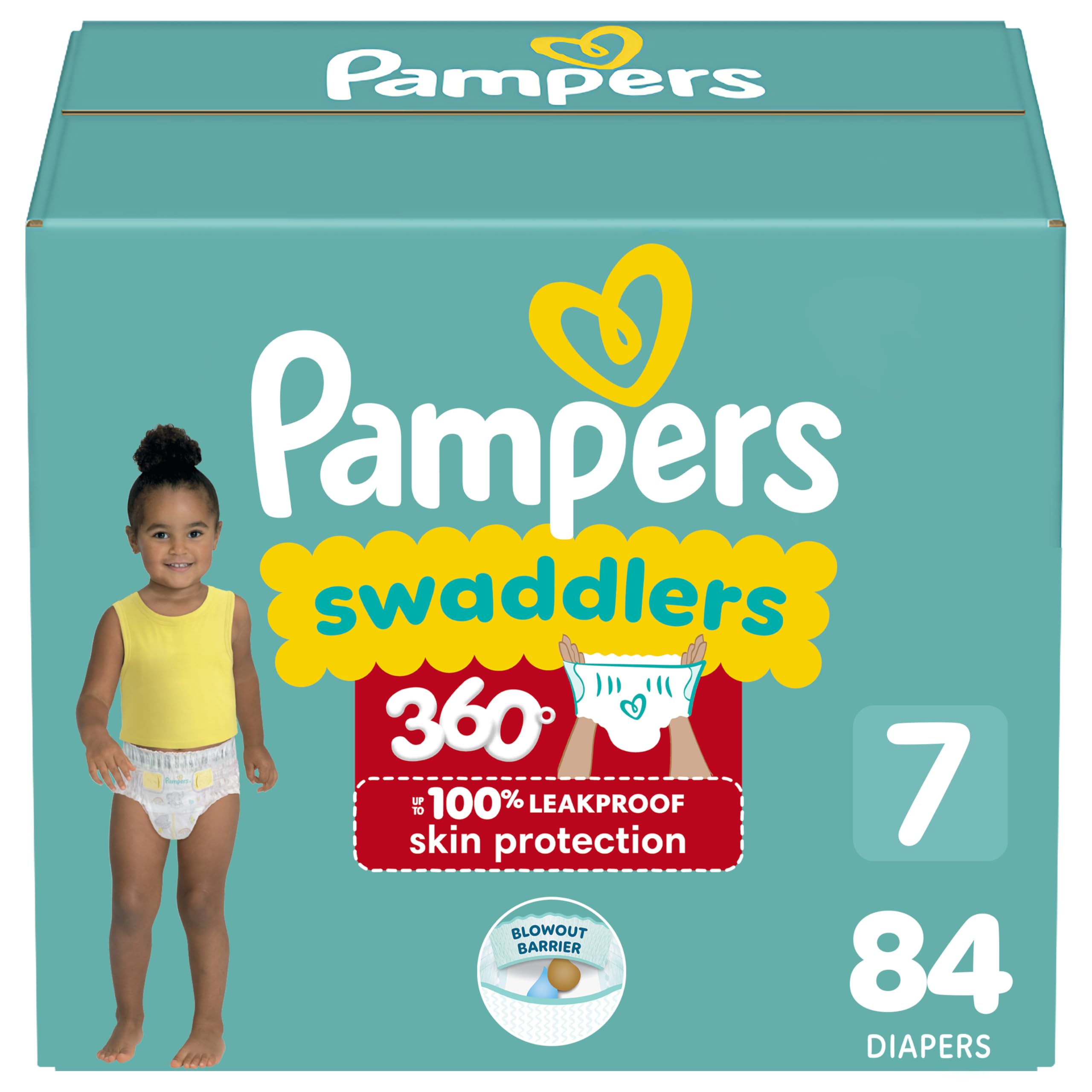 Pampers Swaddlers 360 Pull-On Diapers, Size 7, 84 Count for up to 100% Leakproof Skin Protection and Easy Changes