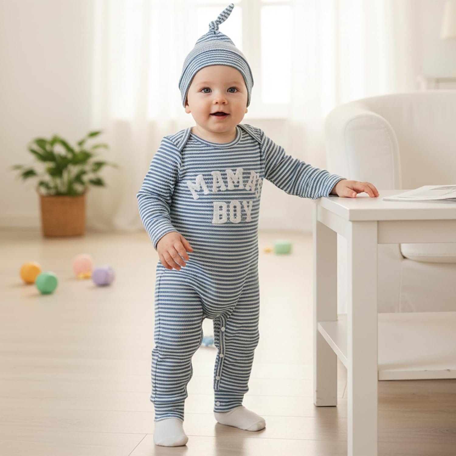 Newborn Baby Boy Clothes Mamas Boy Romper Striped One Piece Jumpsuit Hat Fall Winter Coming Home Outfit - Image 3