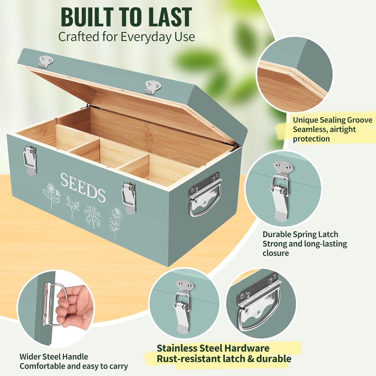 Large Bamboo Wood Seed Storage Organizer Box with Lid, Double-Layer Seal Design Seed Saving Box with 304 Stainless Steel Safety Lock, Handles, Extra Seed Envelopes and Labels, Great Gifts for Gardener