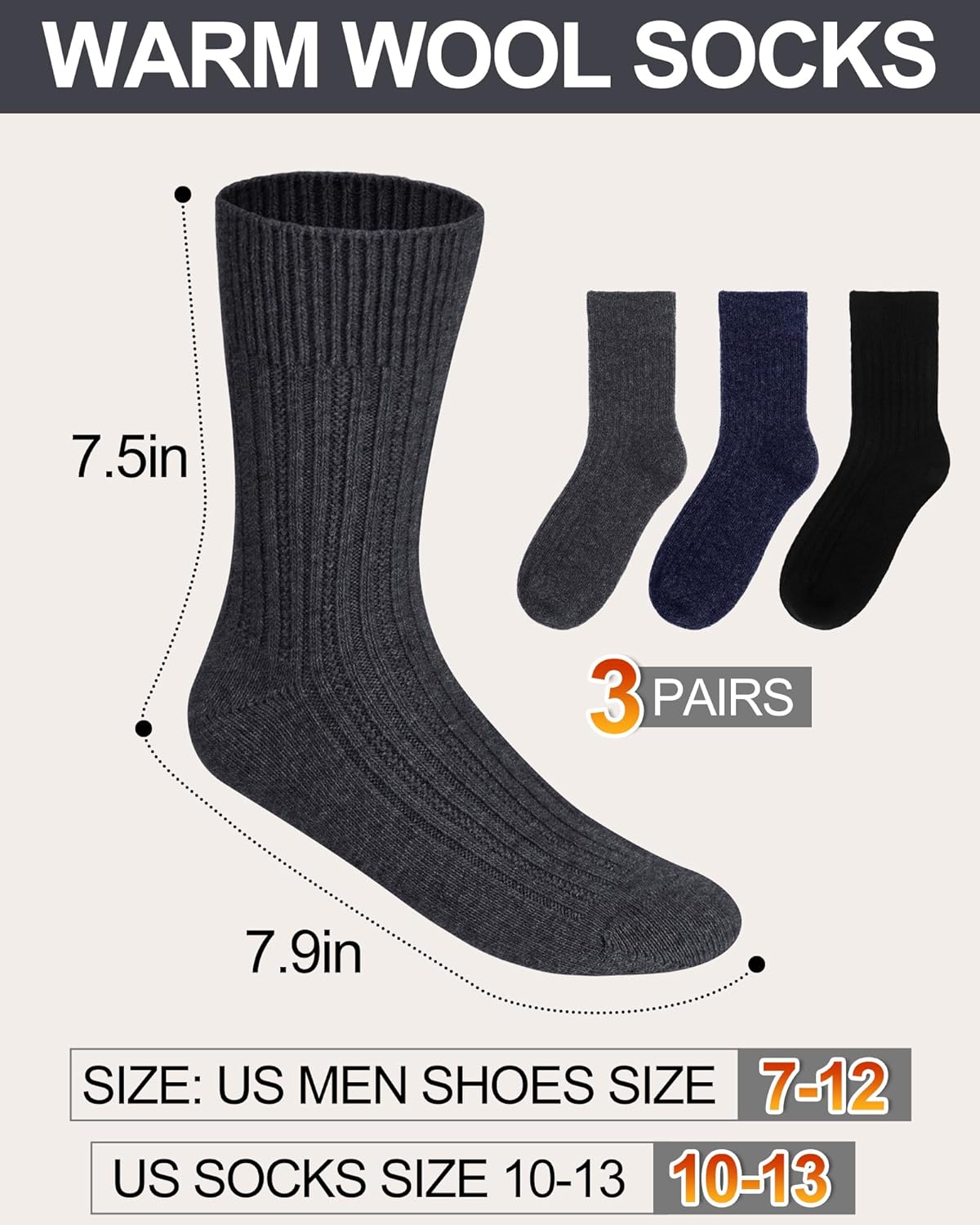 Shihanee 3 Pairs Wool Crew Socks for Men Moisture-wicking Warm Wool Socks for Winter Outdoor Sports Work Daily Wear - Image 4