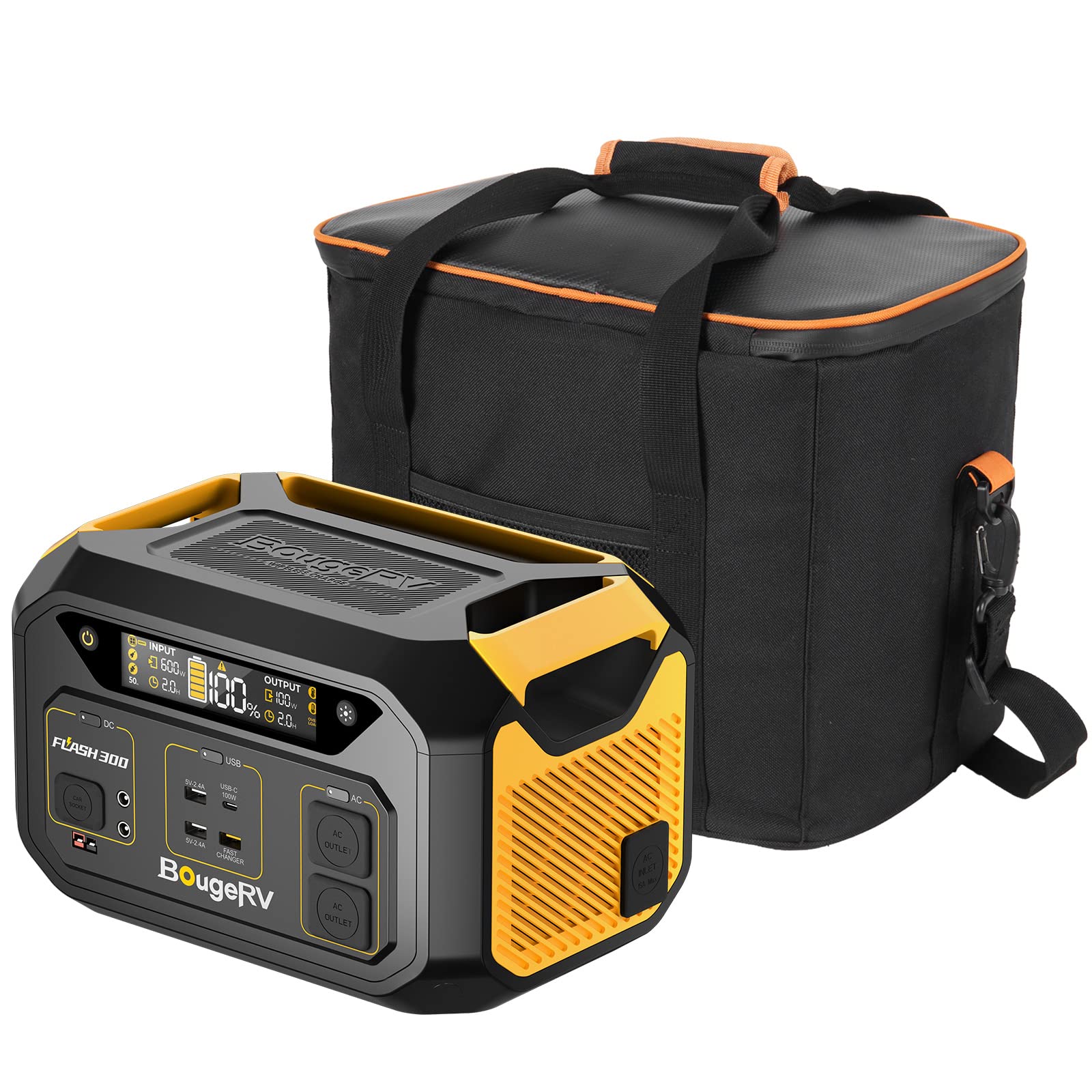 Bundle–2 items: BougeRV Flash300 Portable Power Station 286Wh Solar Generator 600W with Carrying Case, Large Power Station Bag, Oxford 600D Pack