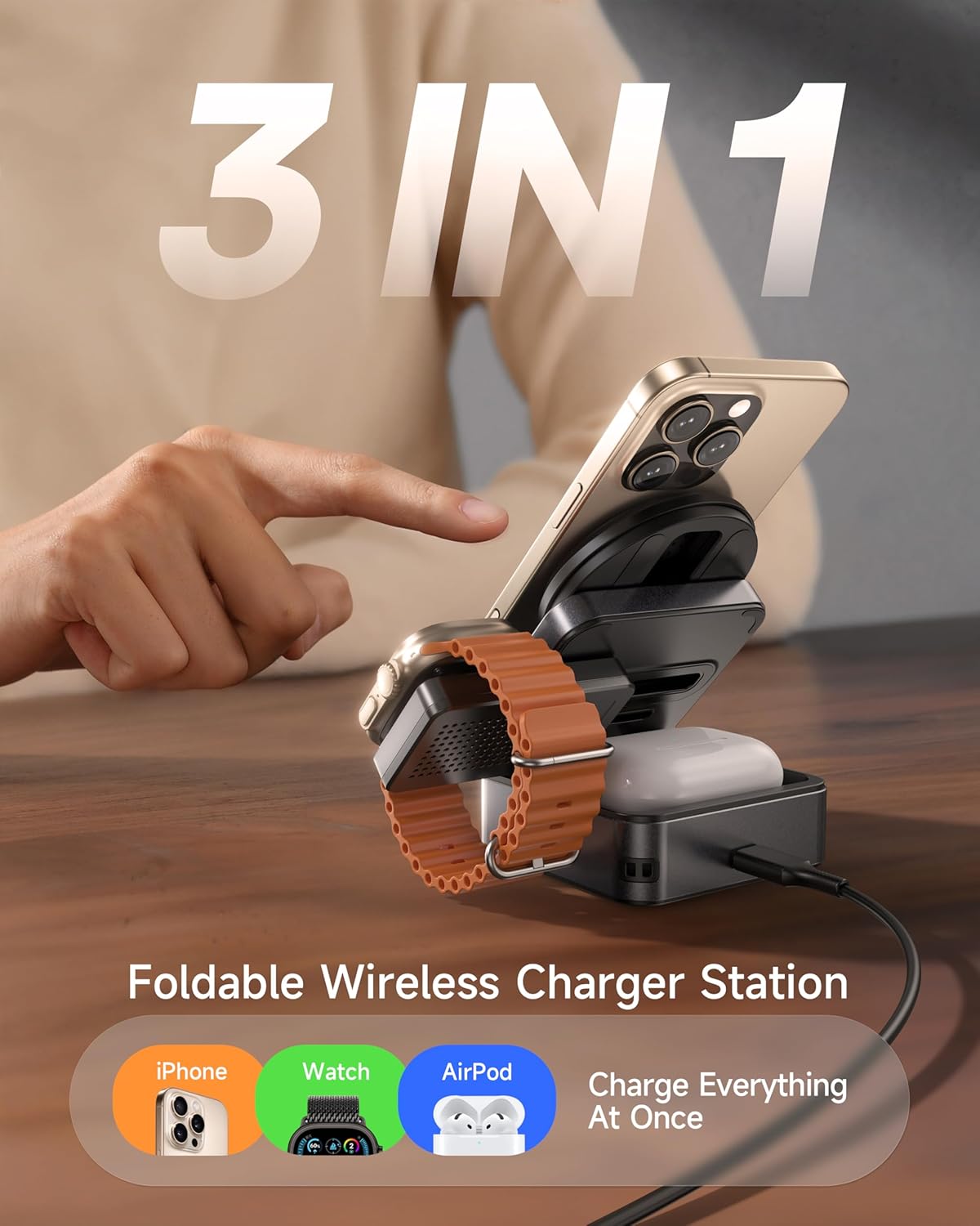 ZEEHOO FoldTrack charging an iPhone, Apple Watch, and AirPods simultaneously.