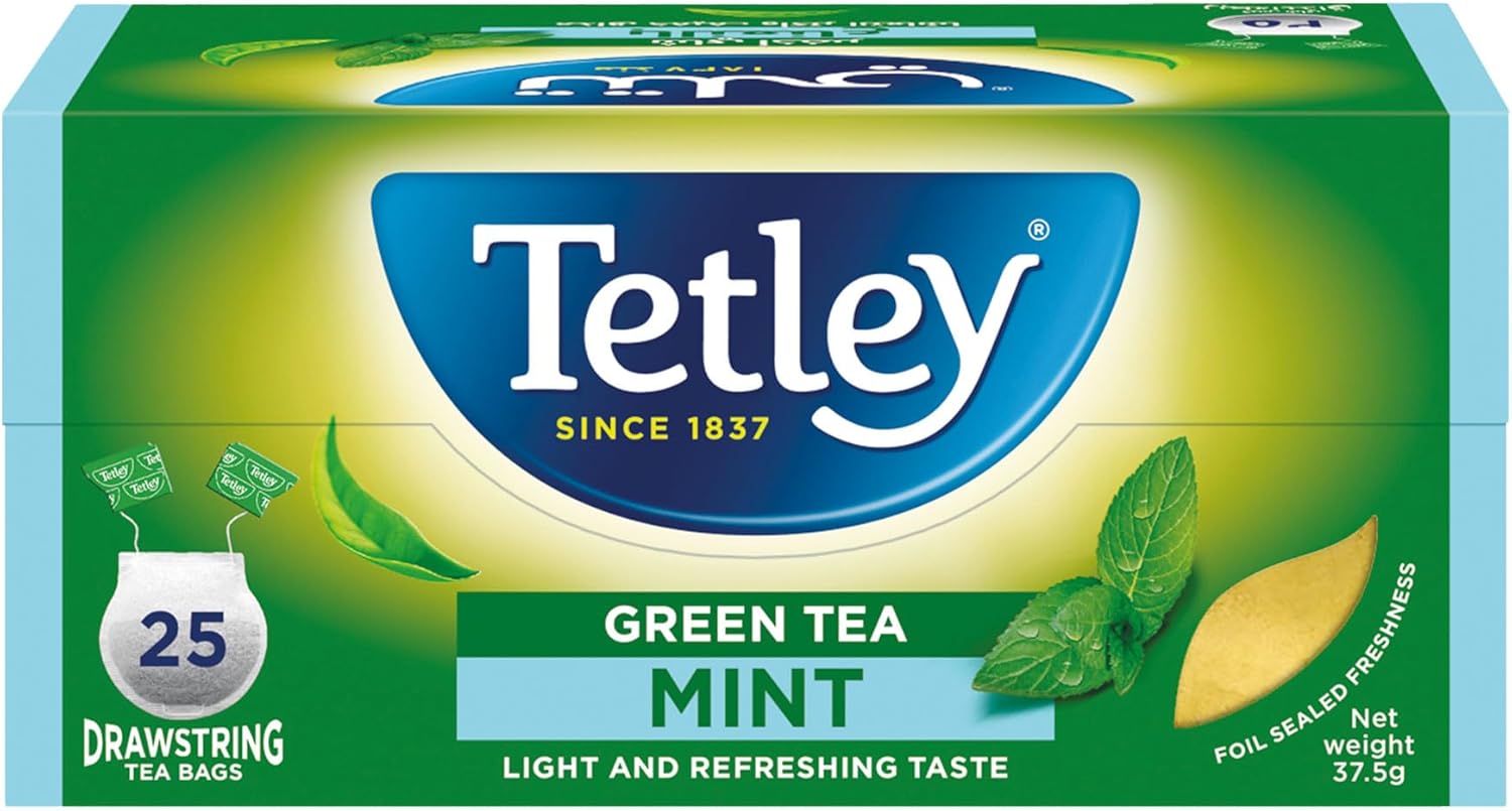 Tetley Green Tea Mint, Flavoured Green Tea, 25 Drawstring Tea Bags