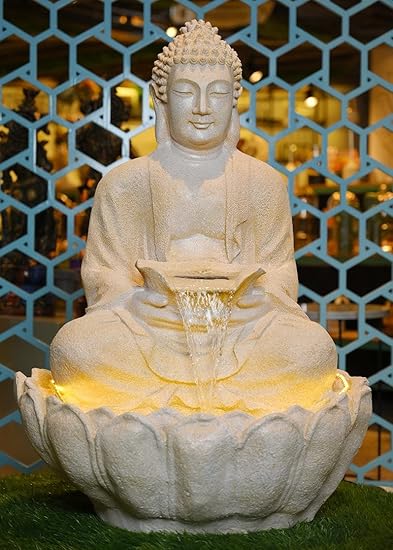 Saraswati Creations Sitting Lotus Statue White Stone Statue (Kamal Buddh) Look Indoor Outdoor Tabletop Water Fountain with Led Lights for Home Decor and Office Decoration Or Gifting (24x13 x12 Inch)