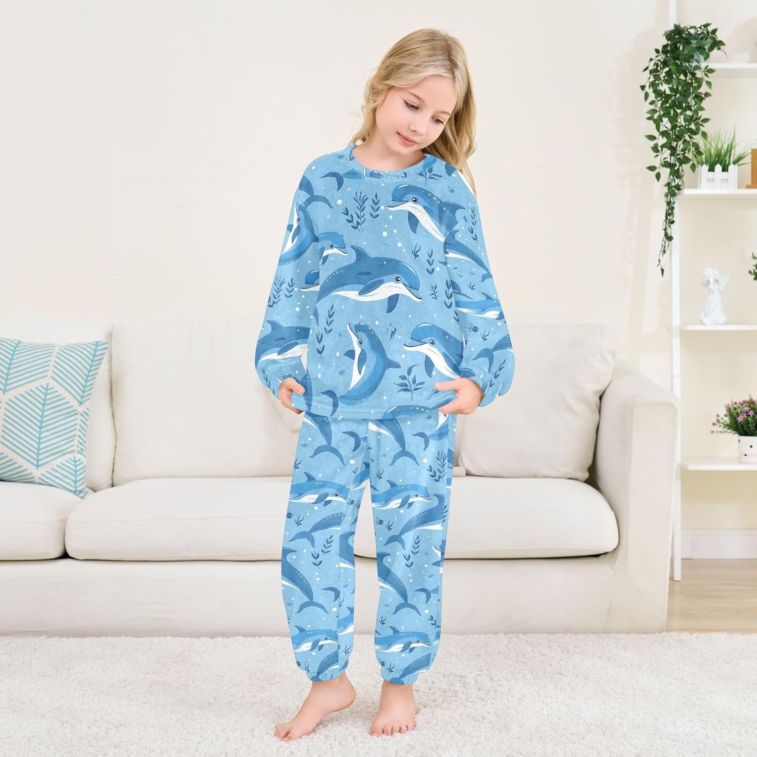 Kids Flannel Sets Cute Dolphins Marine Life Pattern Warm Plush Relaxed Clothing for Boys and Girls