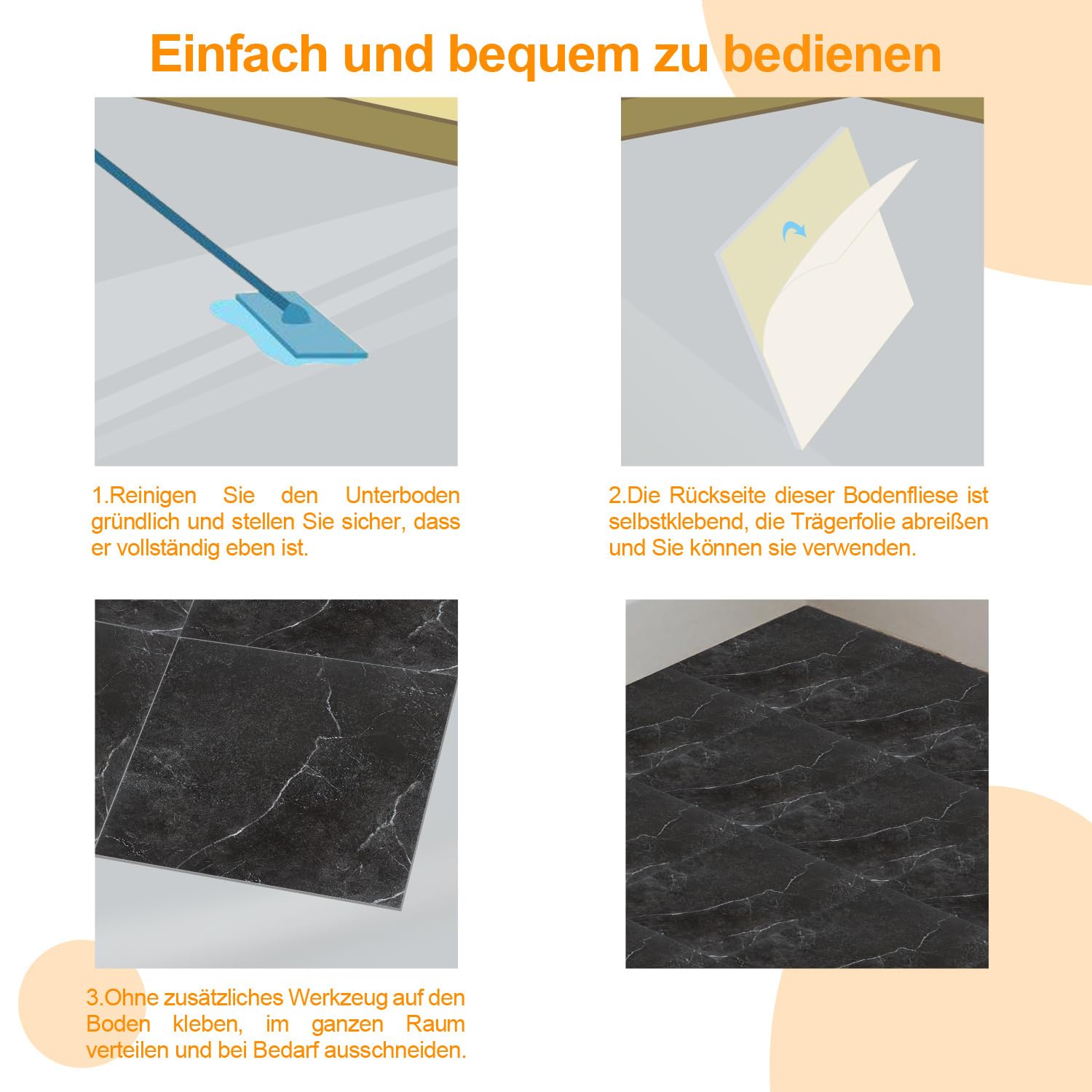 PVC Bodenbelag Selbstklebend, Vinylboden Klebefliesen 30×30 cm quadratisch, rutschfest & wasserabweisend, für Küche Bad Wohnzimmer (Schwarze Marmoroptik, 110 Fliesen, ca. 10 m²)