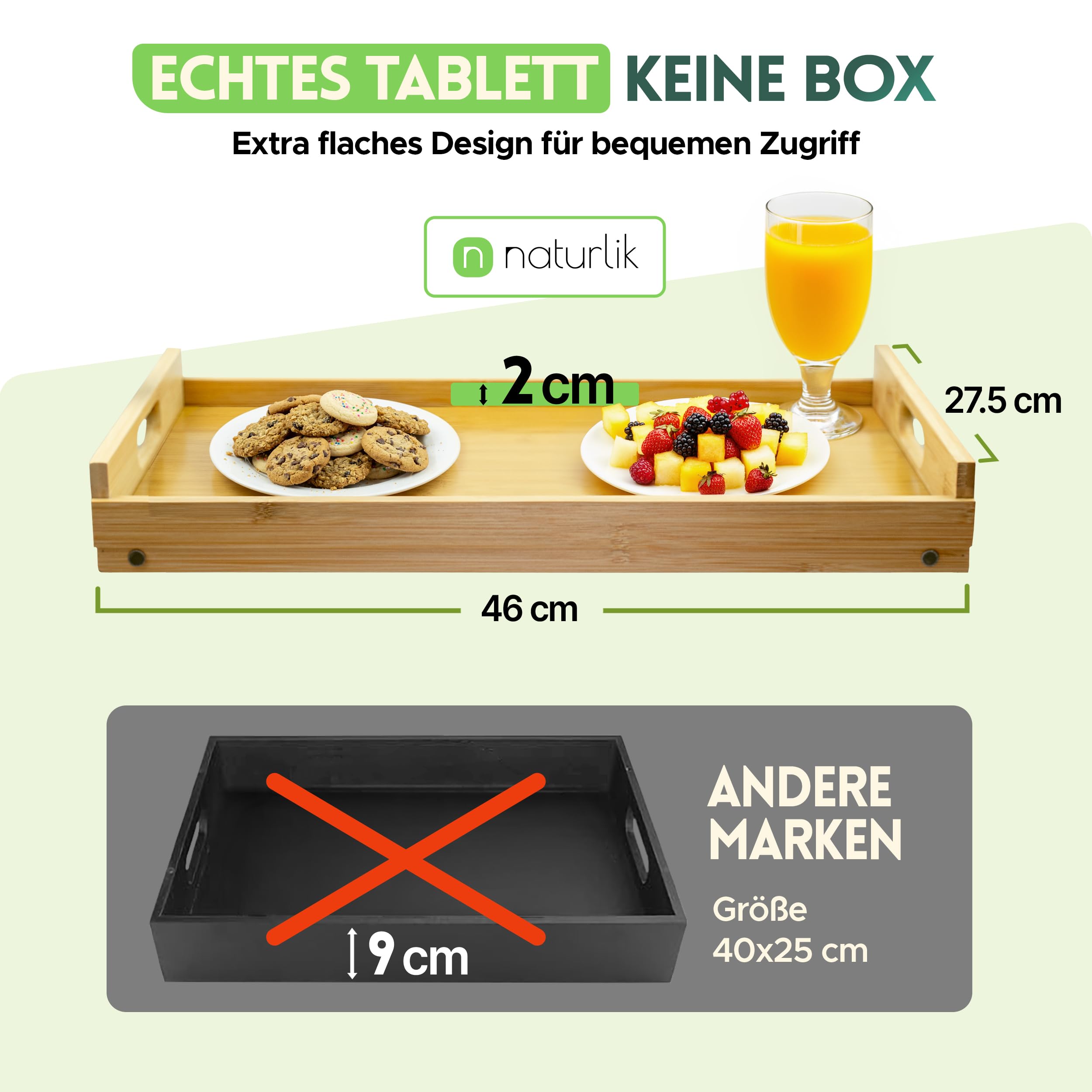 naturlik 3-in-1 Couchbar Snackbox mit klappbaren Beinen – XL Serviertablett, Betttablett und Laptop-Tisch – 3 Edelstahl-Schalen & Getränkehalter – Bambus Sofatablett & Couch Butler Holz 46x27,5cm