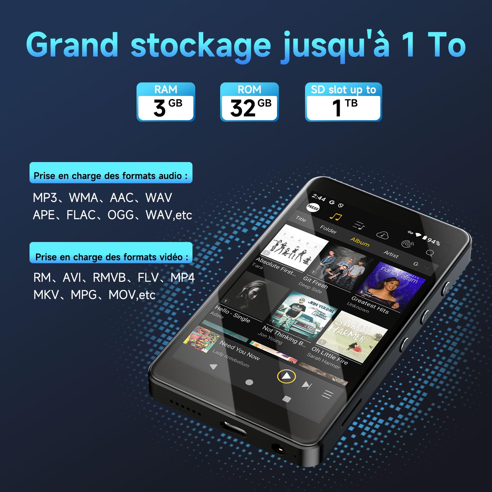 Lecteur MP3 Android 14 avec Spotify, Play Store, Amazon Music, Audible, Libby, Lecteur MP4 à écran Tactile 4 Pouces pour Enfants avec contrôle Parental, Mode Eye-Care (Noir Brillant)