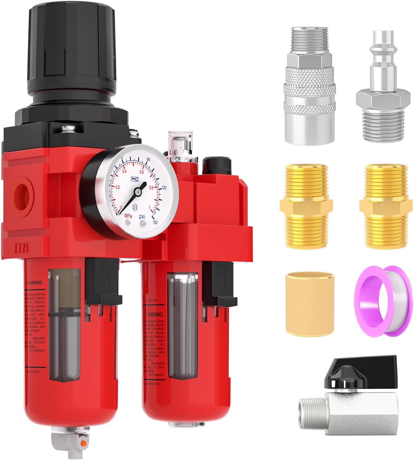 Air Compressor Moisture Filter, AC3010-03M Air Line Filter, 3/8" NPT Inlet with 150 PSI Gauge and Valve Shut Off Switch for Air Tools and Spray Paint Gun, Manual Drain