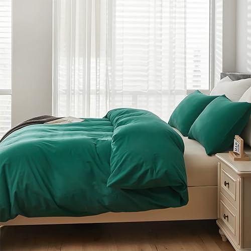 Miniatura 3 de Juego de funda de edredón verde esmeralda, tamaño Queen, 3 piezas, simple, moderno, suave, 100% algodón lavado a la piedra, con cierre de botón y