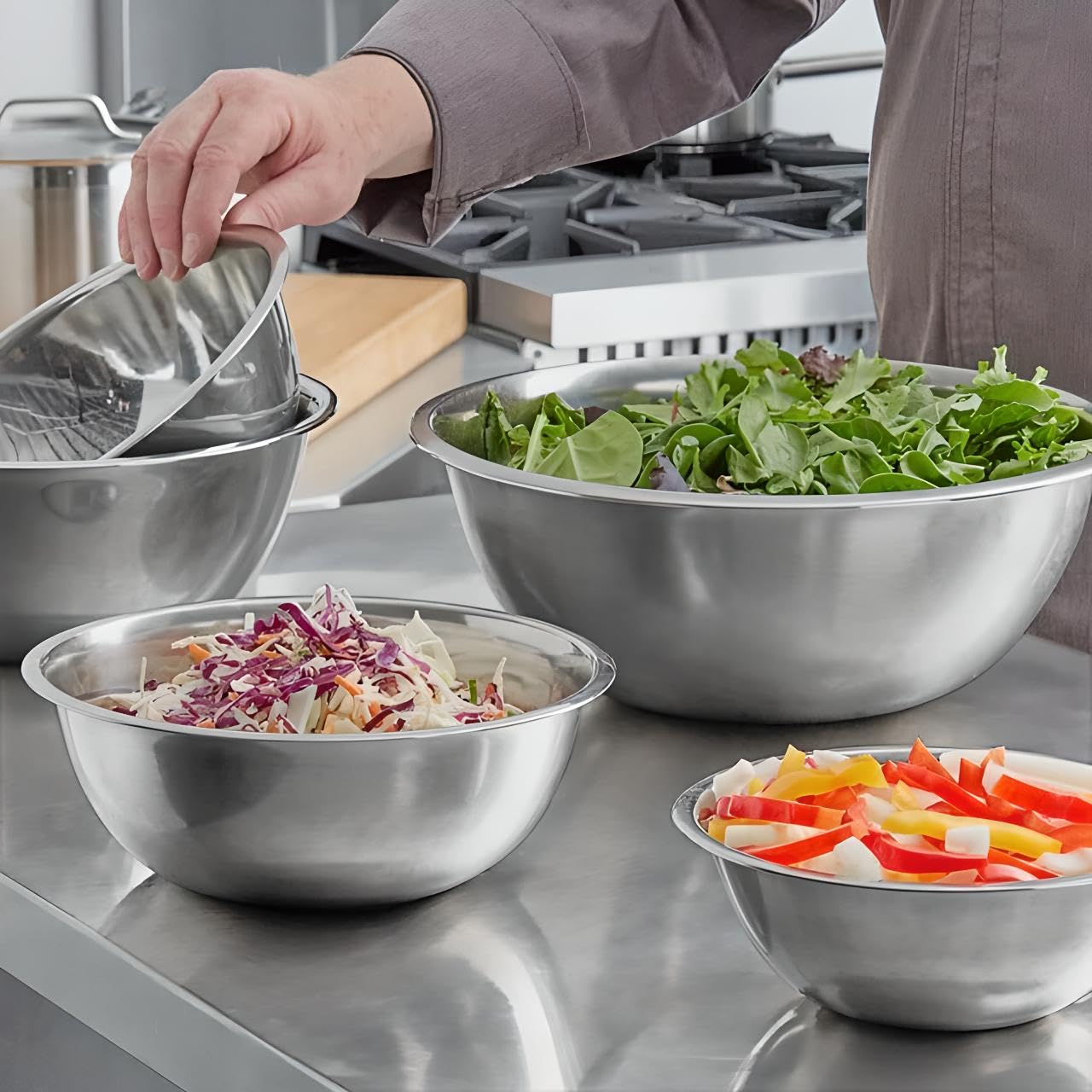 OCS Parts Stainless Steel Mixing Bowl 5-Piece Set | Stackable, Dishwasher Safe Flat Base Mixing Bowls for Home and Commercial Kitchens