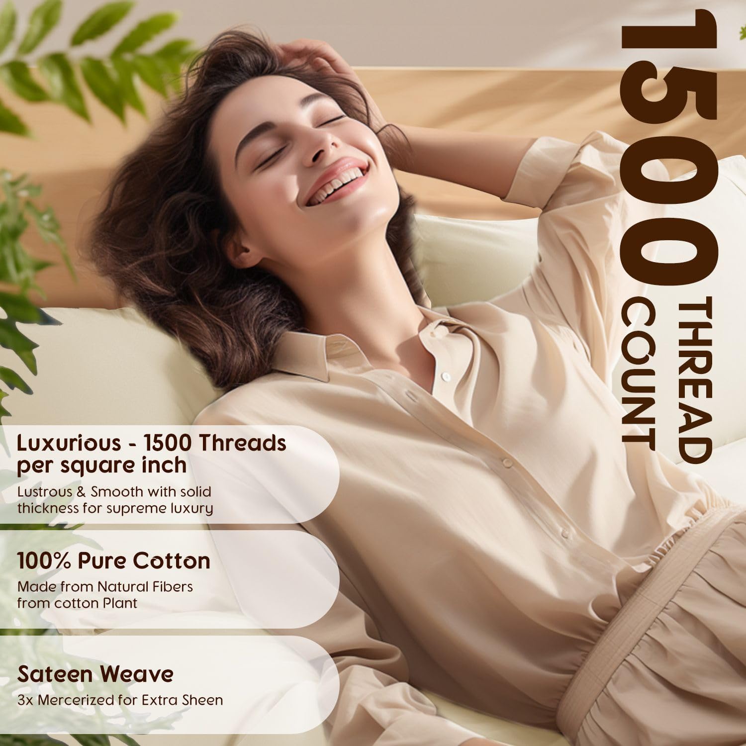 Shilucheng 100% Cotton Queen Size Sheets Set - 1500 Thread Count,Luxury Egyptian Cotton Bed Sheets,5-Star Hotel Quality Sheets, Breathable & Cooling, 16 Inch Deep Pocket - 4 Piece (Beige)