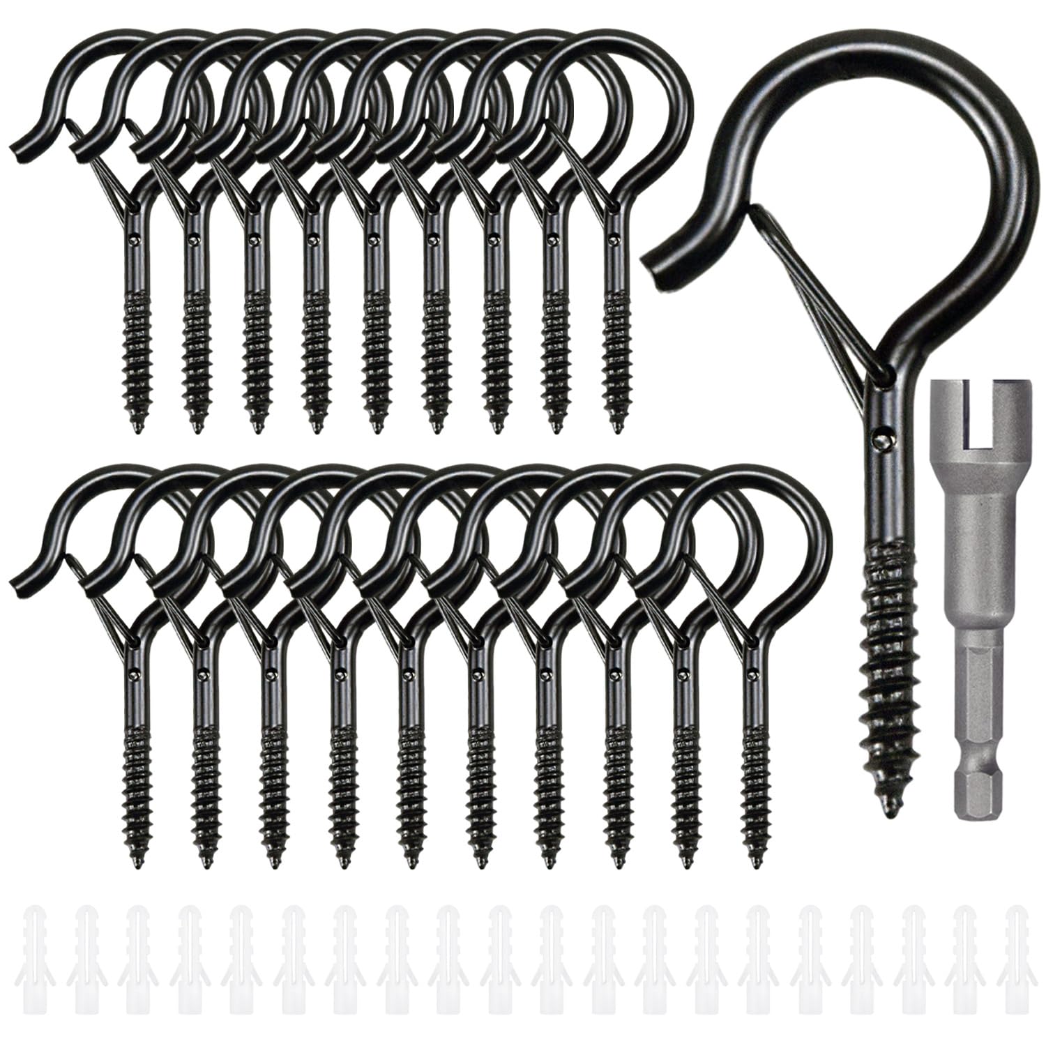 xiluuyou Screw Hooks with Safety Buckle, Screw-in Hooks, Metal Ceiling Screw-in Wall Hooks for Hanging Plants, Cups, Utensils, Lights and for Indoor, Outdoor Use- M5 Black