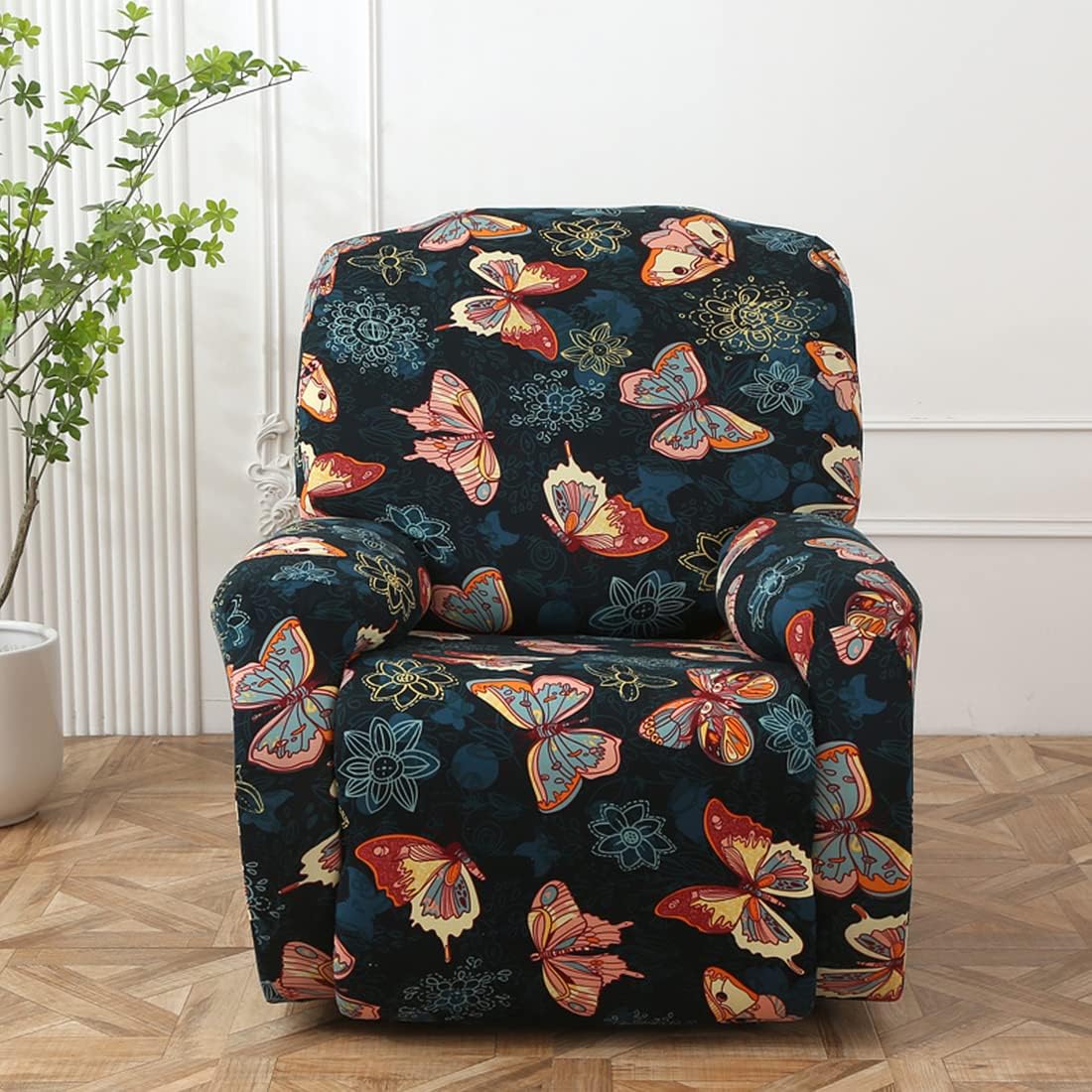Stretch Recliner Chair Covers, 4-Piece Recliner Slipcovers Print Lazyboy Recliner Cover Soft Spandex Furniture Protector with Pocket (Butterfly, Recliner Chair)