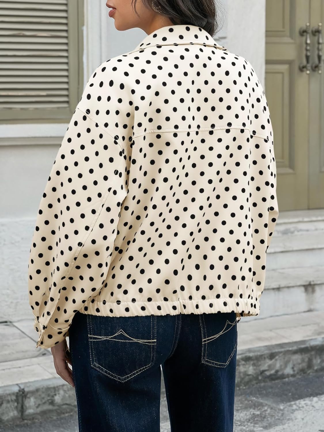 Tankaneo Womens Zip Up Cropped Jackets Polka Dot Oversized Jackets Spring Lightweight Trendy Casual Coats - Image 5