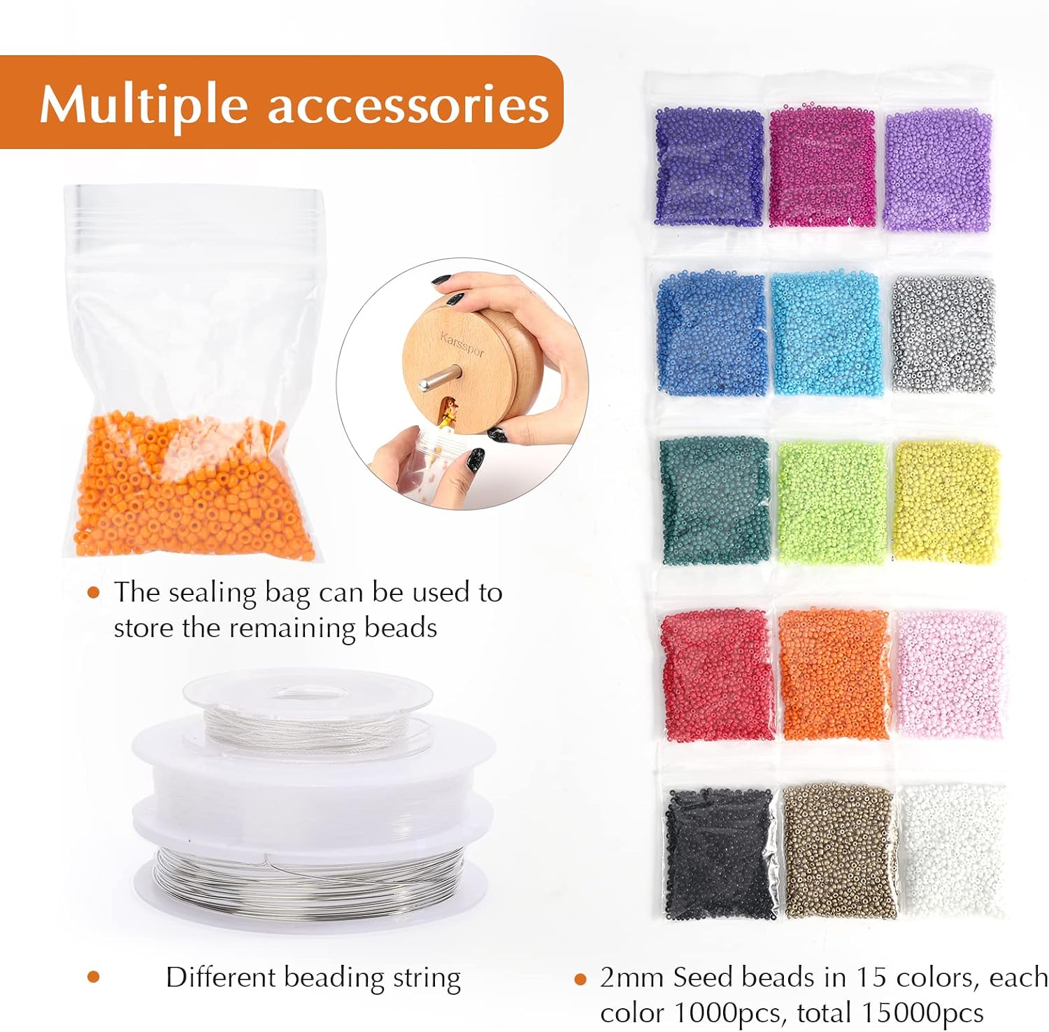 Karsspor Bead Spinner with 15000PCS Seed Beads and 2 PCS Big Eye Beading Needles, Jewelry Making Bead Spinner, Spin Bead Loader for Jewelry Making DIY Seed Beads, Clay Beads, Waist Beads (Patent)