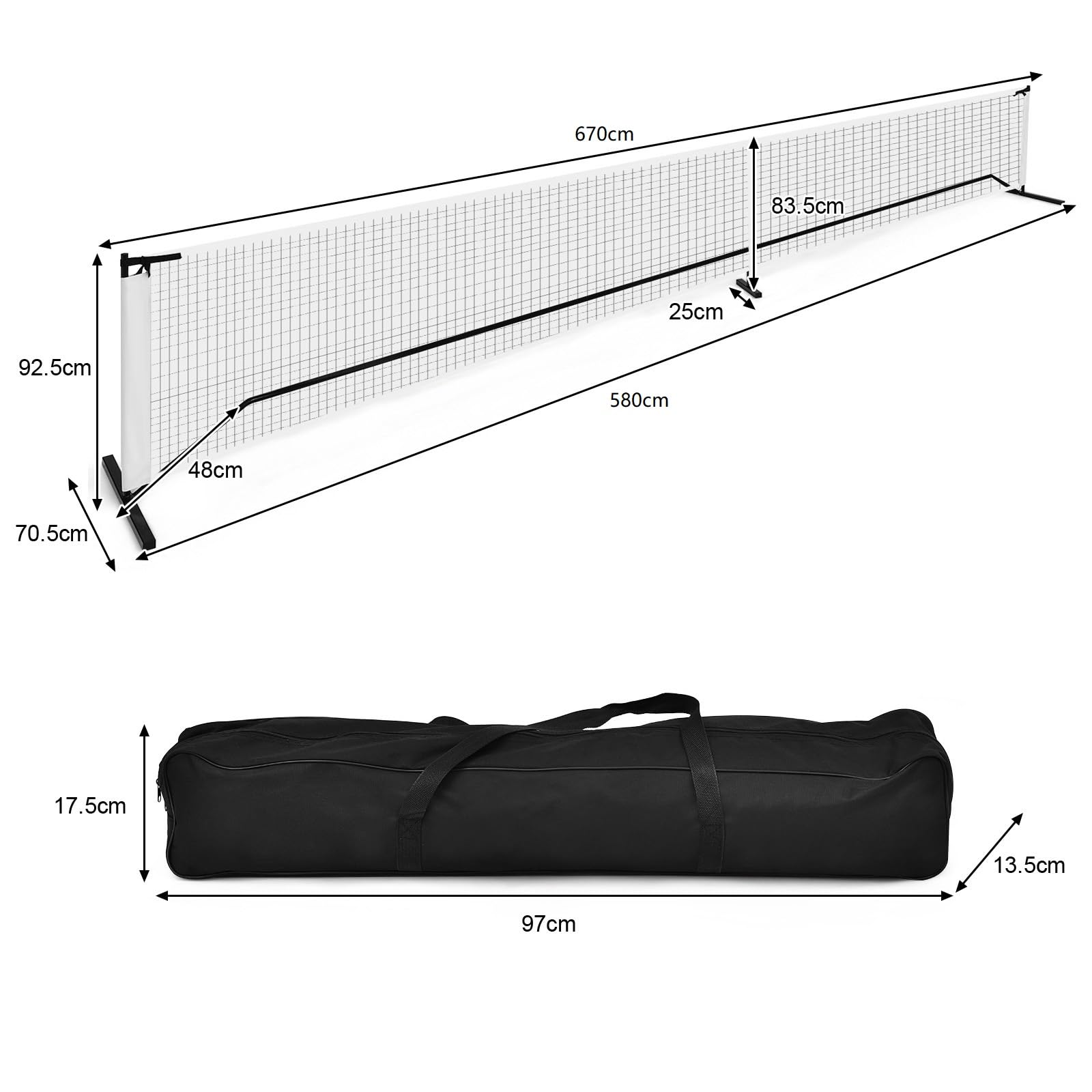 COSTWAY 670 x 92cm tragbares Tennisnetz, Pickleball-Netz in offizieller Größe mit Metallrahmen & Tragetasche, Volleyballnetz Federballnetz Mehrzwecknetz Outdoor wetterfest für Kinder Erwachsene