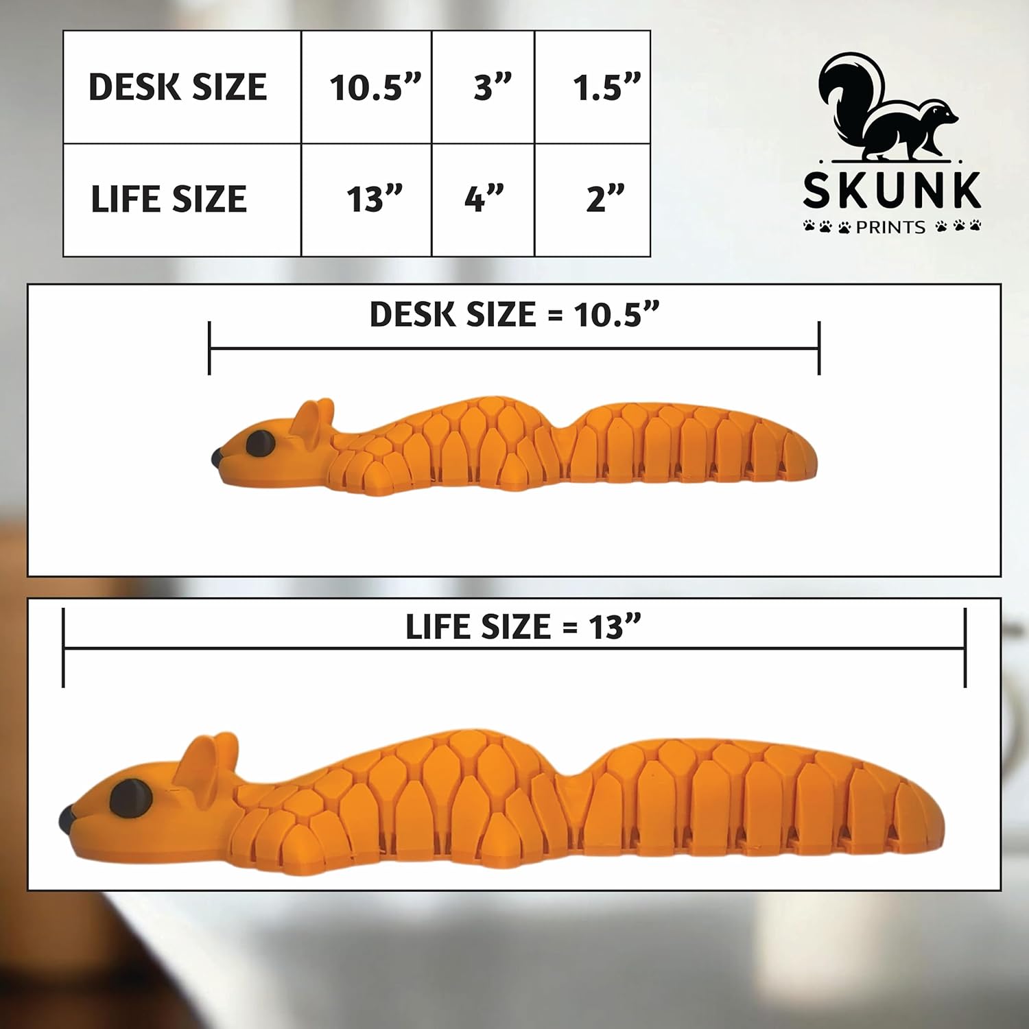 HyperFlexi™ Desk-Size Squirrel — Executive Desk Toy — Real-Squirrel Feel, Articulated Chainmail Mesh, Tactile Motion — 3D-Printed — Skunk Prints LLC (Orange)
