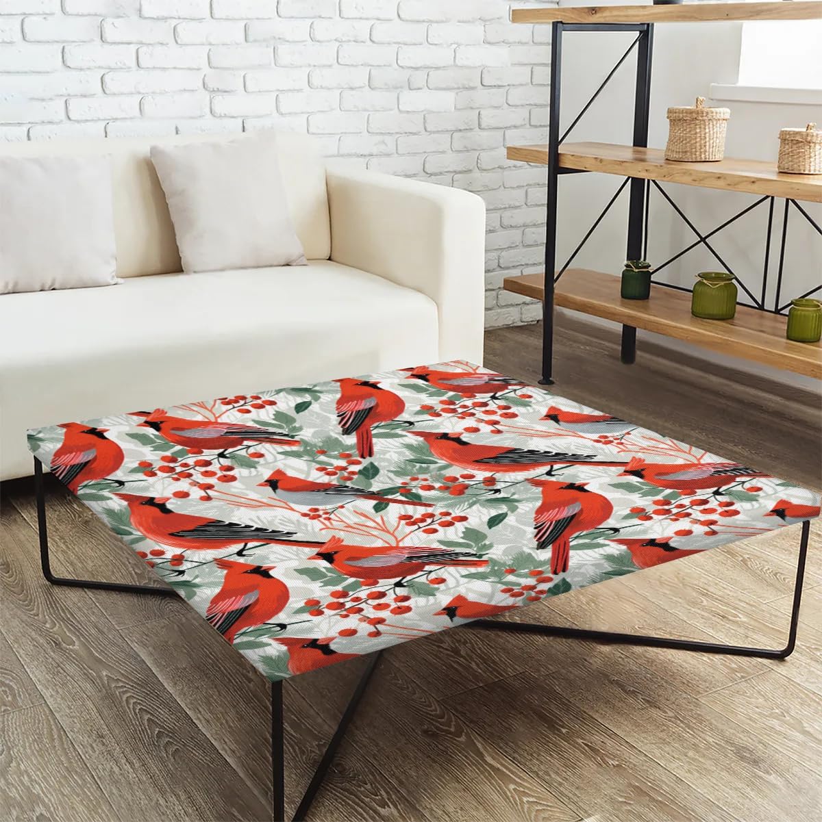 Tablecloth with Elastic Edge, Christmas Poinsettia Cardinal Leaf Waterproof Square Fitted Tablecloth, Polyester Stain Resistant Table Clothes, Wipeable Washable Tablecloths 34x34 Inch Square Table