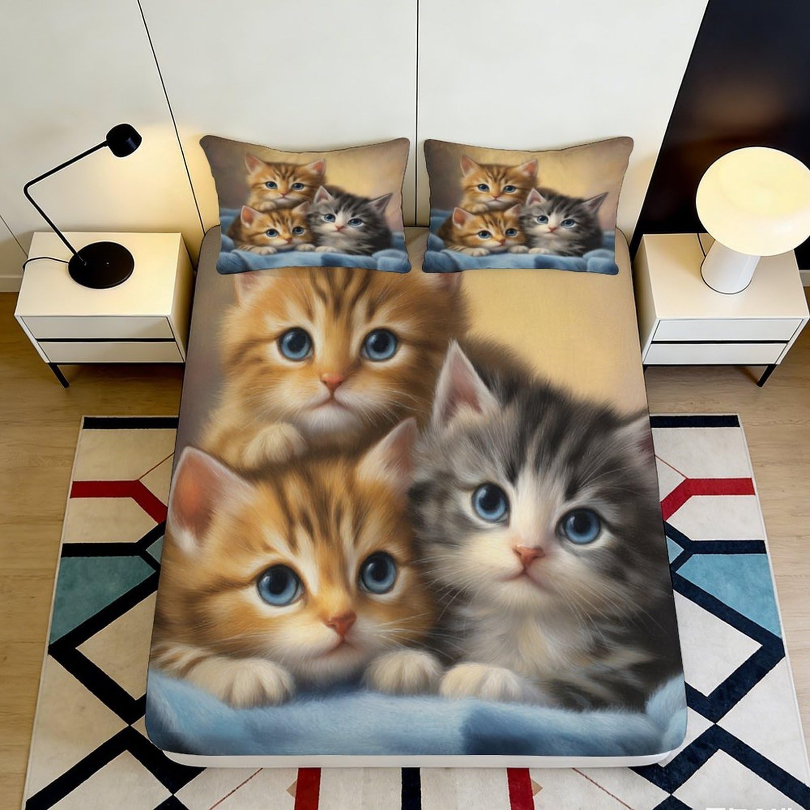 3D Printed Cute Kitten Fitted Sheet Microfiber Soft Breathable Cat Family Bed Cover for Bedroom Guest Room Decor 180x200x25cm