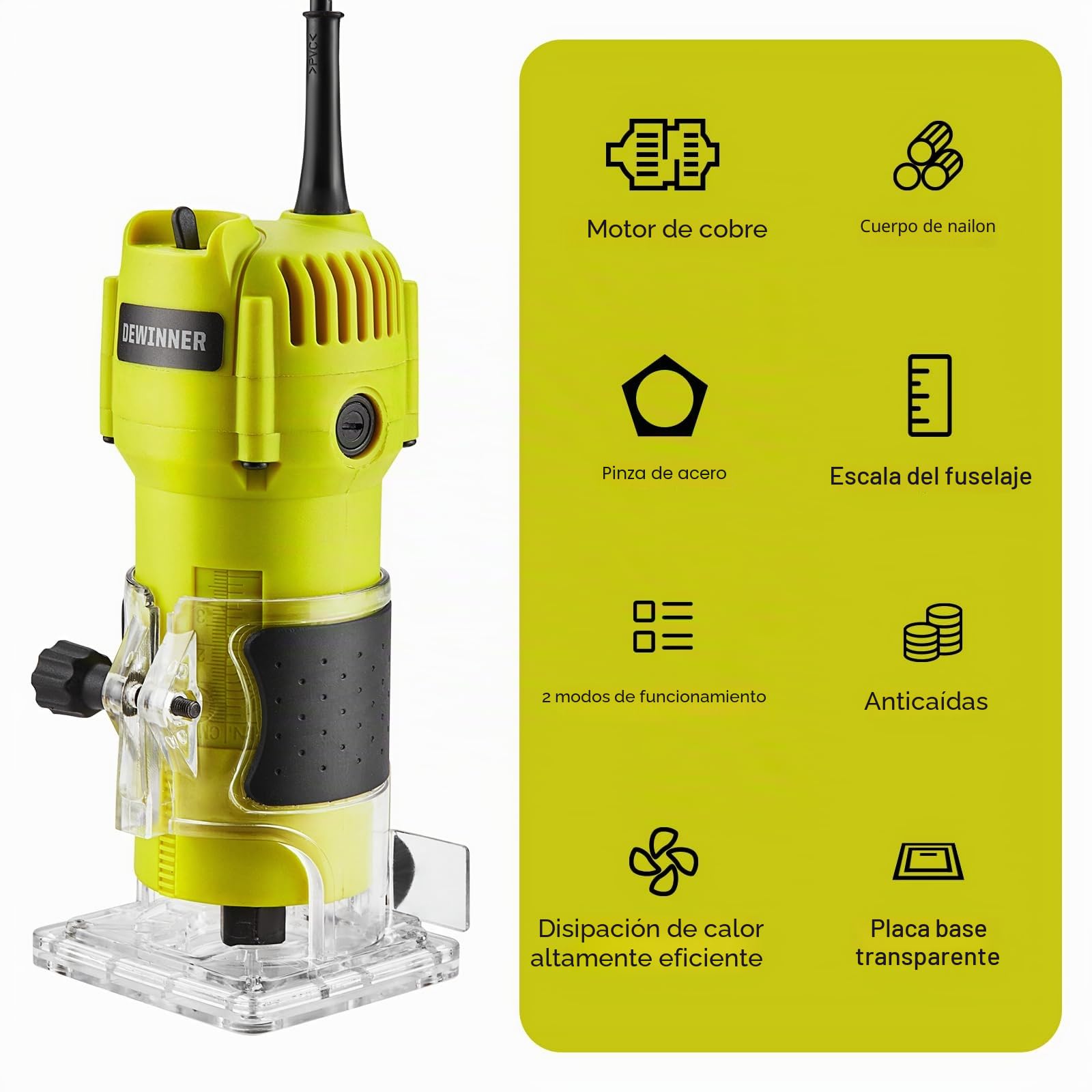 Dewinner Fresadora de Madera Rebajadora Eléctrica 710W 13000-33000RPM, Grabado Fresa Para Biselar,3 Alicates de 1/4'', 6 mm y 8 mm, 6 Velocidades Variables, Profesión de Laminadora Fresa con Rodam