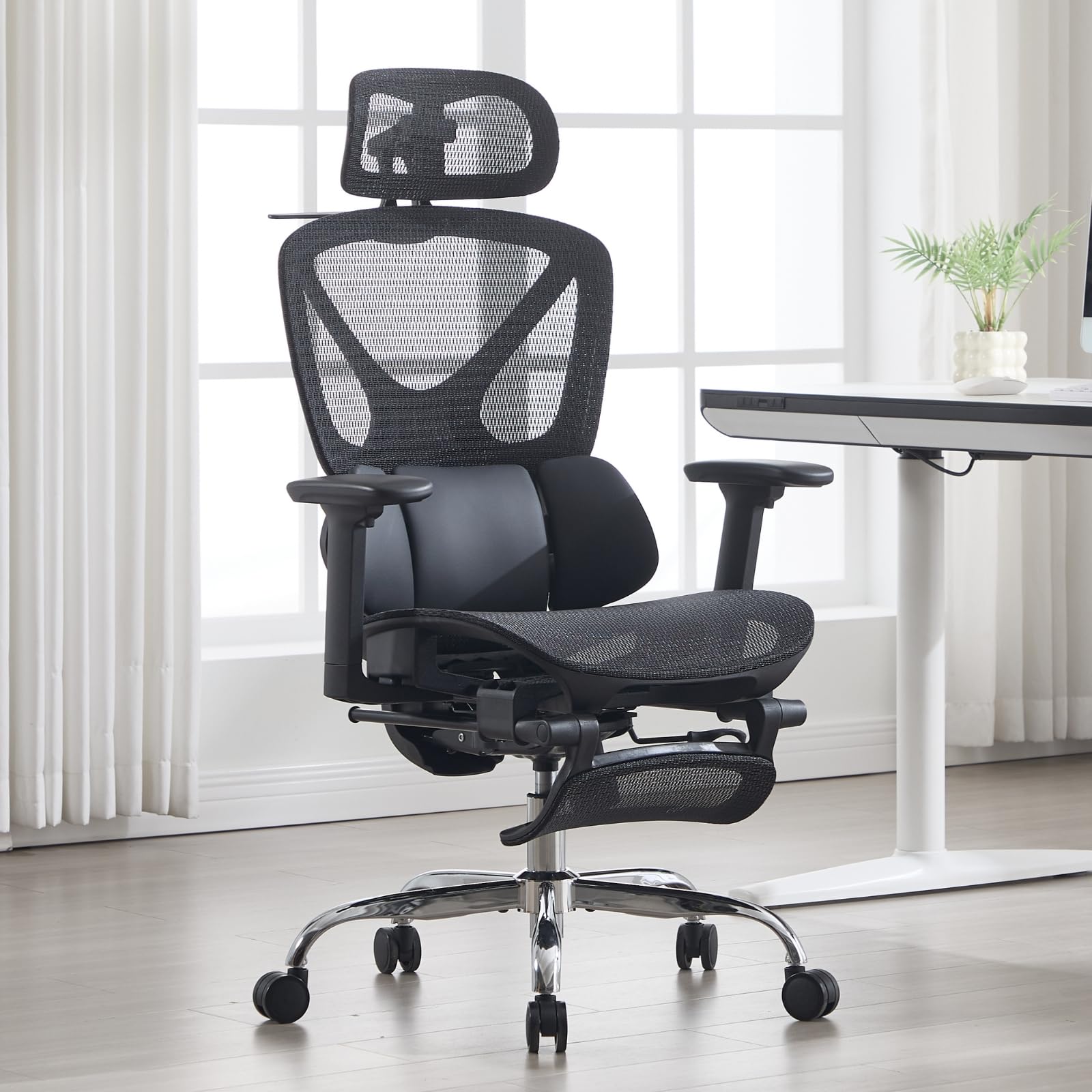 Ya-Home Silla Ergonomica Escritorio con Soporte Lumbar Ajustable, Silla de Oficina con Reposabrazos y Reposacabezas, Office Chair para Oficina/Estudio, Negro