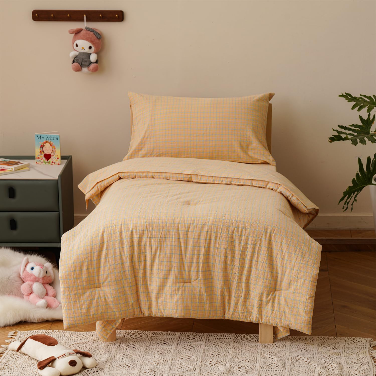 4Pieces Yellow Blue Plaid Print Toddler Bedding Sets Cotton Toddler Bedding Comforter Sets Soft Breathable Kids Bedding Set with Comforter, Fitted Sheet, Flat Sheet & Pillowcase, for Boys Girls