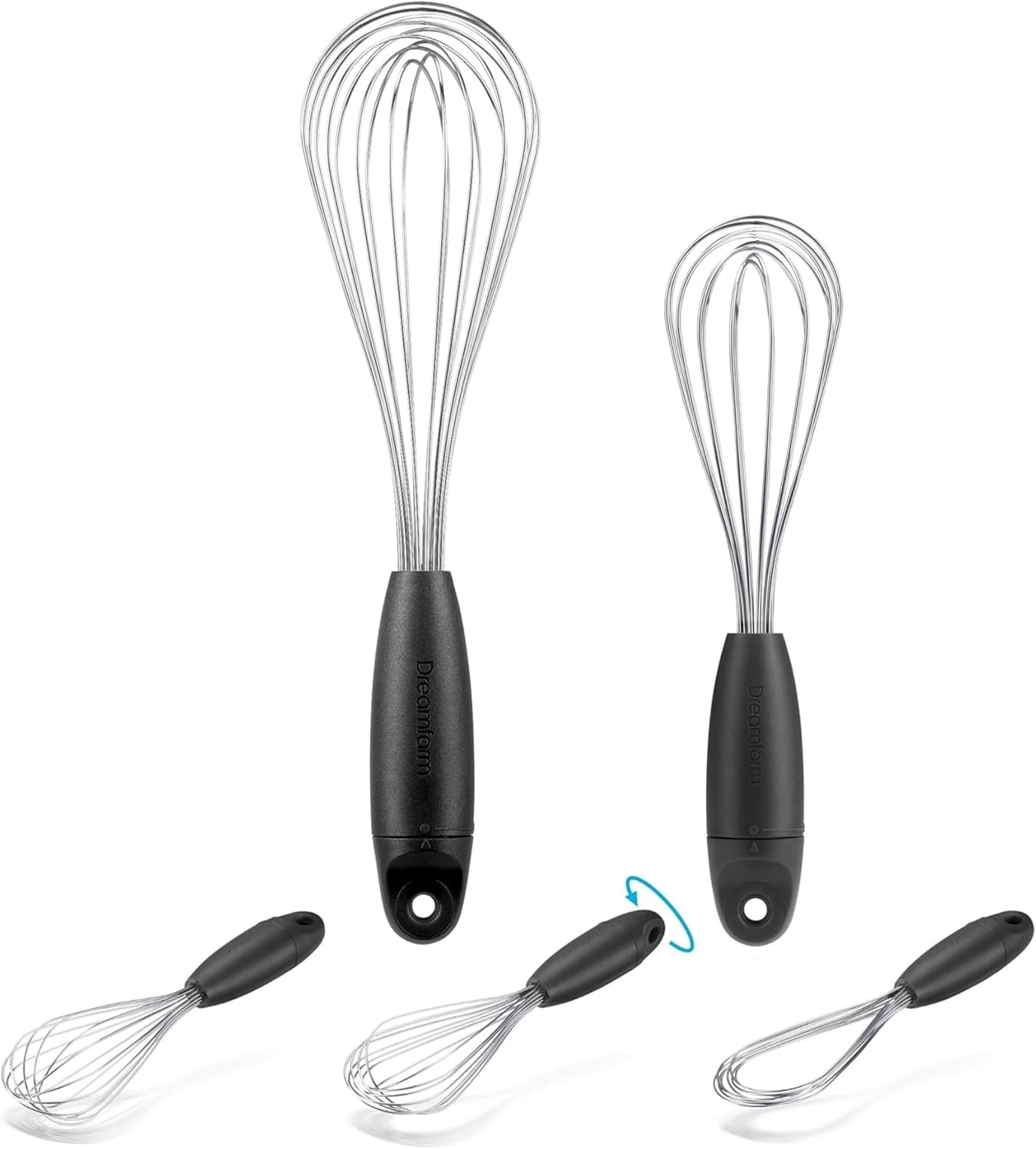 Dreamfarm Flisk 3-in-1 Balloon Whisk Set – 11.5″ & 9″ Multi-Functional Whisks for Baking, Cooking, Sauces & Gravy – Flat, Sauce & Balloon Wire Whisks – Space-Saving Stainless Steel Kitchen Tools