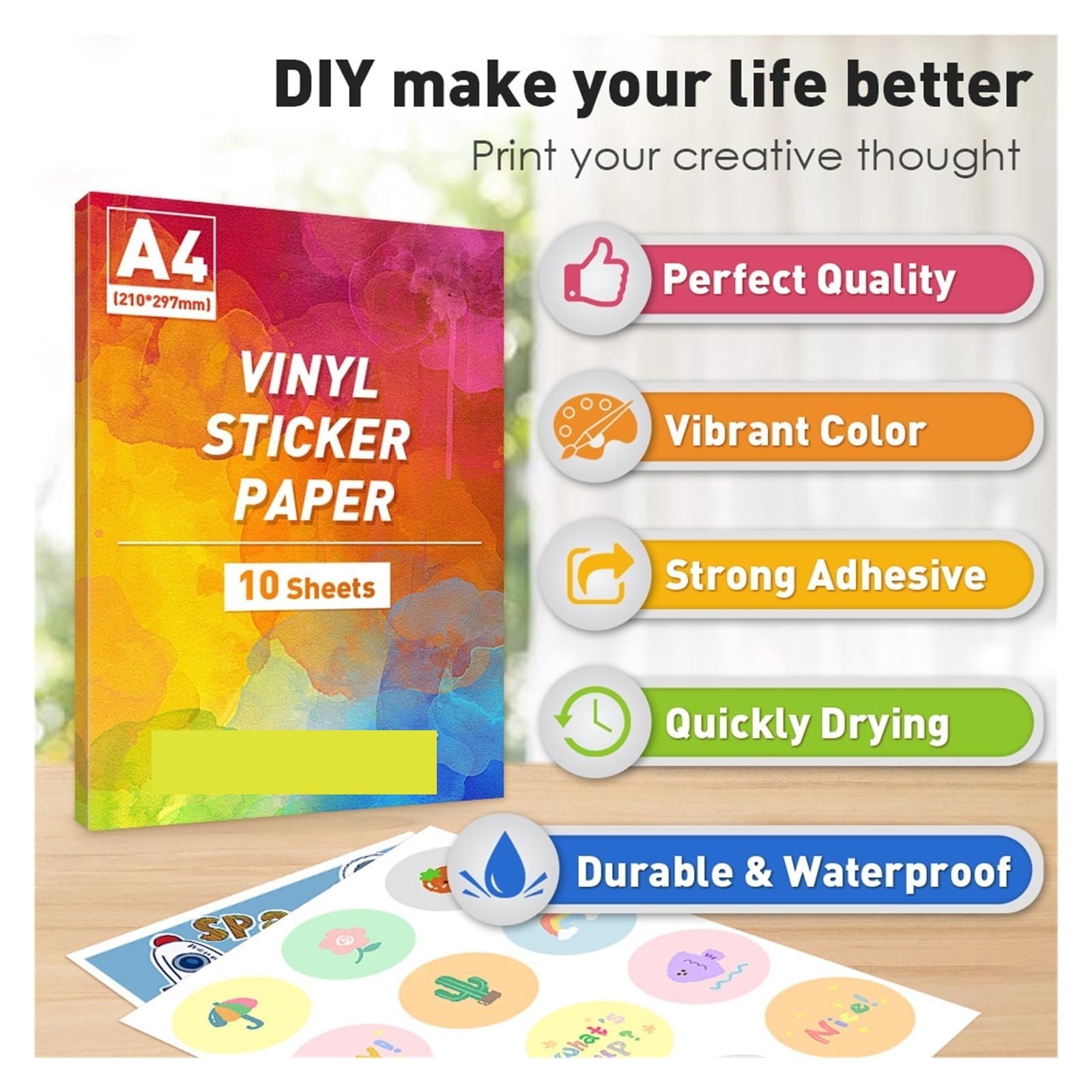 DAVBIR 10/50 Fogli Stampabile A4 Carta Vinile Adesivo Lucido Carta Etichetta Oro Adesivo Impermeabile Autoadesivo A4 Carta Adesiva Lucida perfection (Color : 50 Sheets)
