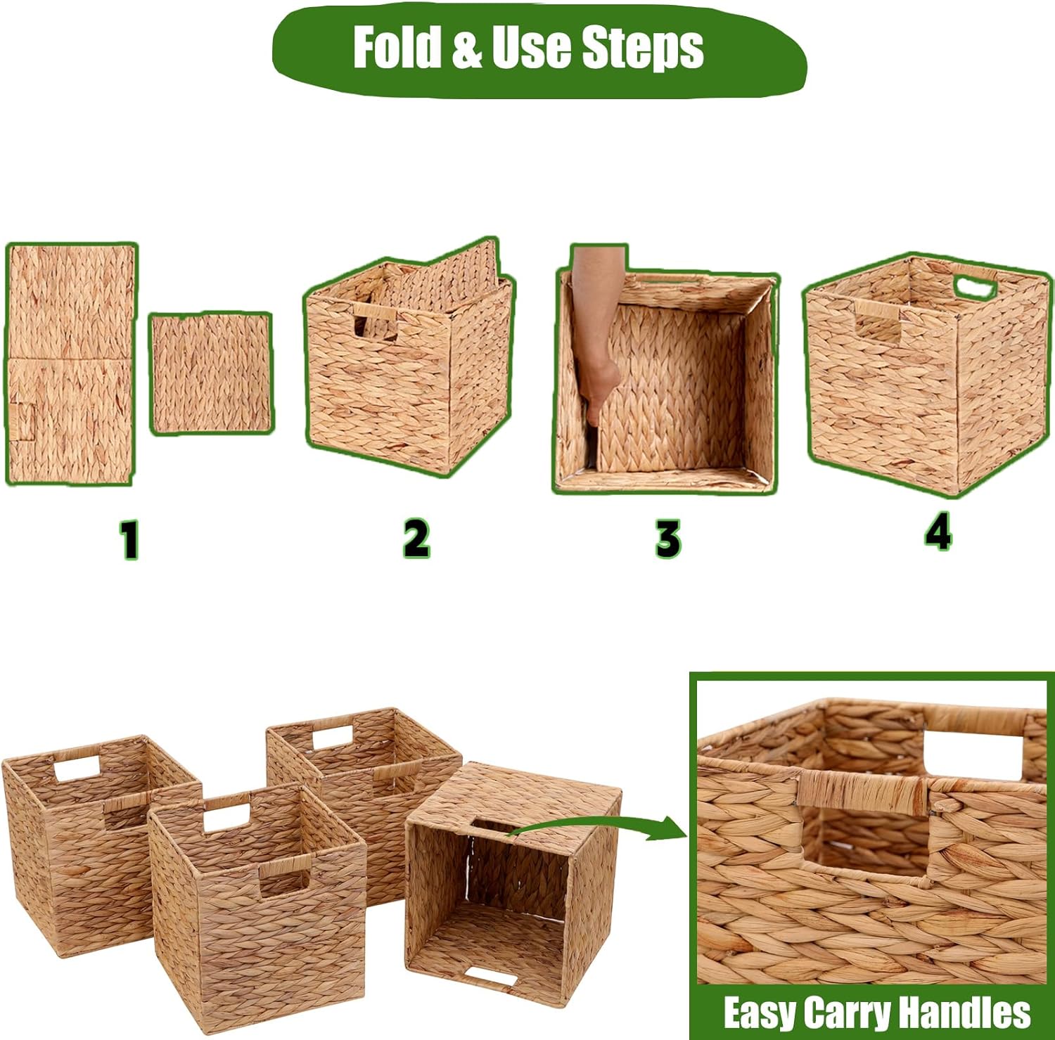 Storage Baskets 11x11inch Cube Baskets 4 pcs Baskets,Foldable Handwoven Water Hyacinth Laundry Organizer,Cube Storage Baskets - Image 3