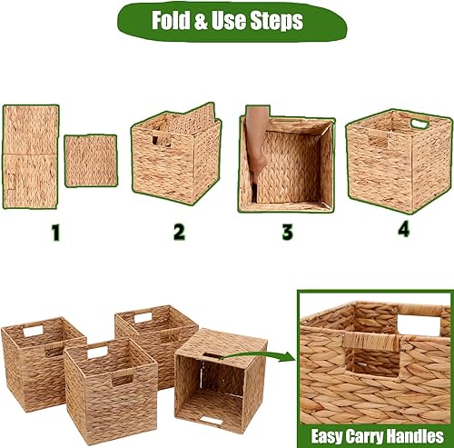 Miniatura 3 de Storage Baskets 11x11inch Cube Baskets 4 pcs Baskets,Foldable Handwoven Water Hyacinth Laundry Organizer,Cube Storage Baskets