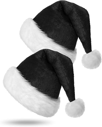 2 Pack Black Santa Hat - Adults Deluxe Black and White Xmas Hat for Black Christmas Theme New Year Festive Holiday Party Supplies