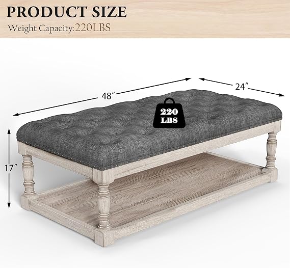 Ottoman Coffee Table, Large Rectangle Ottoman with Storage - Upholstered Cushioned Bench for Living Room, Tufted Linen Fabric with Solid Wood Shelf, Entryway Bench(Dark Gray)