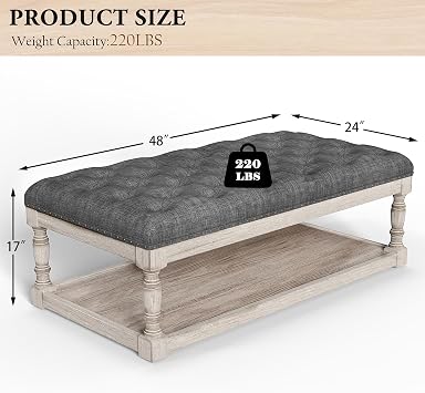 Ottoman Coffee Table, Large Rectangle Ottoman with Storage - Upholstered Cushioned Bench for Living Room, Tufted Linen Fabric with Solid Wood Shelf, Entryway Bench(Dark Gray)