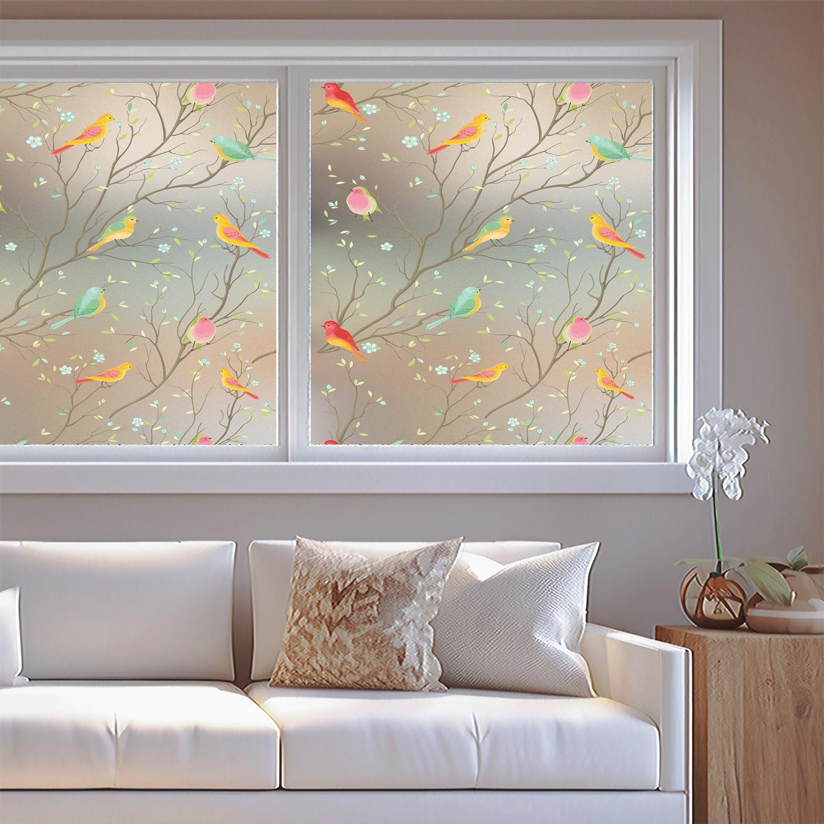 Frosted Glass Film for Windows 20 x 100 cm, Non-Adhesive Cling Removable, Without Glue Or Residue, Blackout Stickers Static Cling with Toolkit for Window, Painted Bird