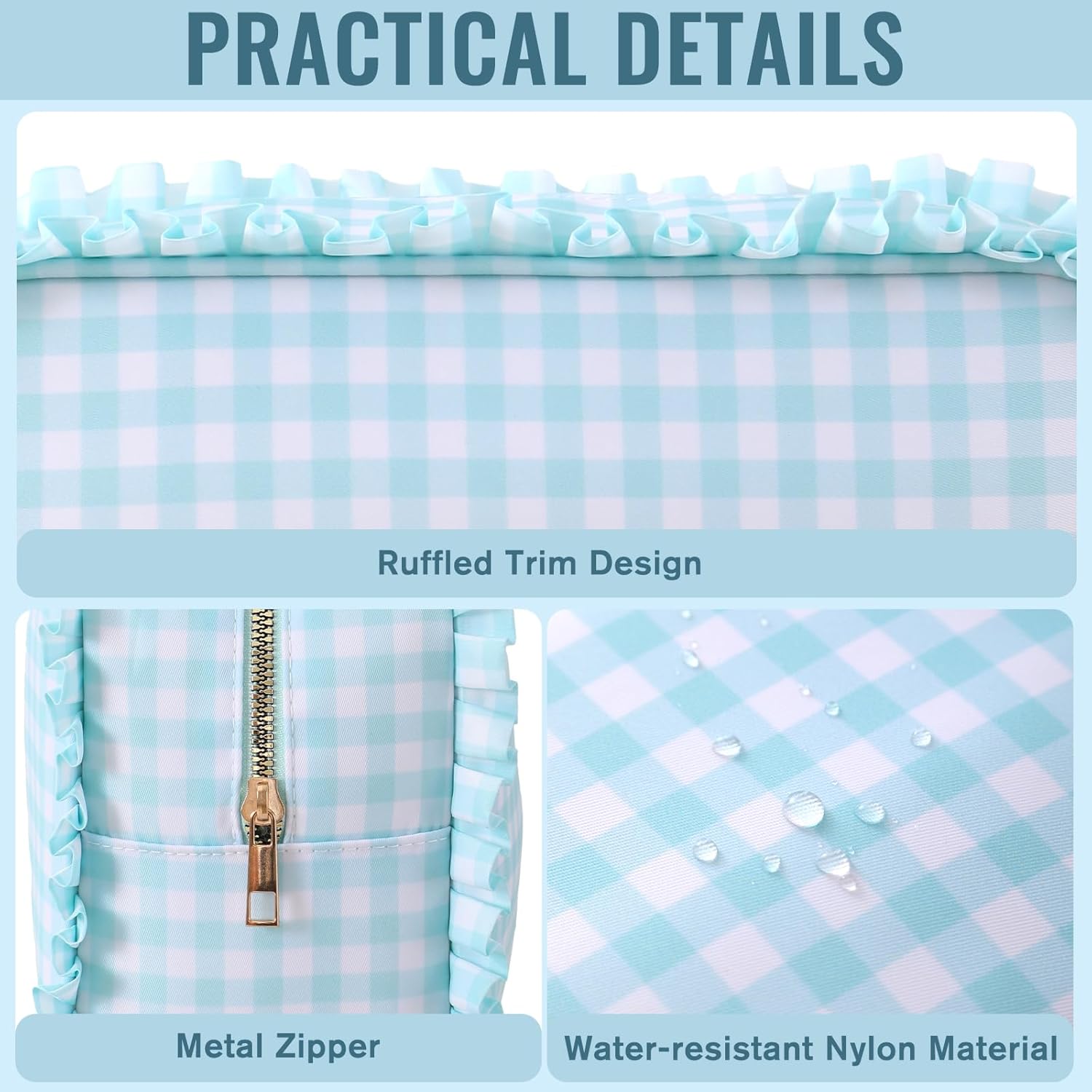 Gingham Ruffle Makeup Bag,Large Travel Cute Cosmetic Bag for Women Girls,Toiletry Bag Make up Organizer 10.8 x 4.5 x 8 inch (Mint Gingham)
