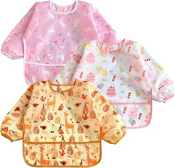 PandaEar 3 Pack Baby Weaning Bibs with Sleeves for Girls| Waterproof Toddler Bibs Long Sleeve Bibs 6-12-24 Months| Baby Feeding Aprons for Eating| Mess Proof Full Bib with Sleeves