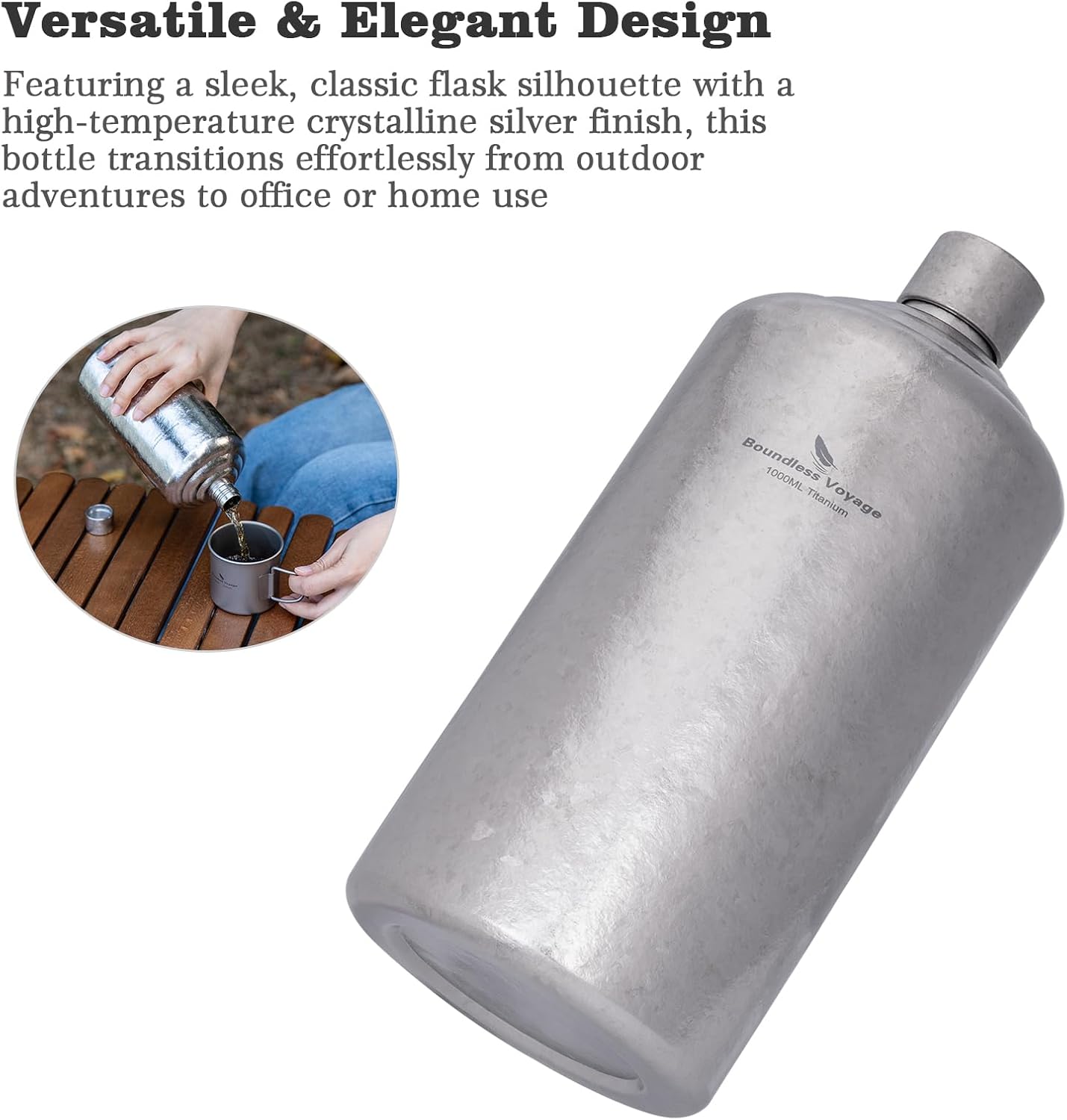 Boundless Voyage Titanium Water Bottle 500ml / 1000m Wine Flask Ultralight Durable Narrow Mouthed Leakproof Bottle for Outdoor, Camping, Hiking, Travel, Backpacking Coating Free (1000ml)