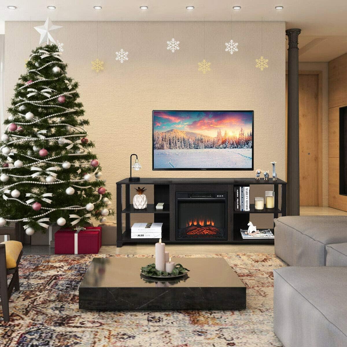 DORTALA 3-Tier TV Stand with Storage, Wood Multipurpose Entertainment Center for 65 Inch TV, TV Console Table w/ 18 Inches 1400W Electric Fire Place