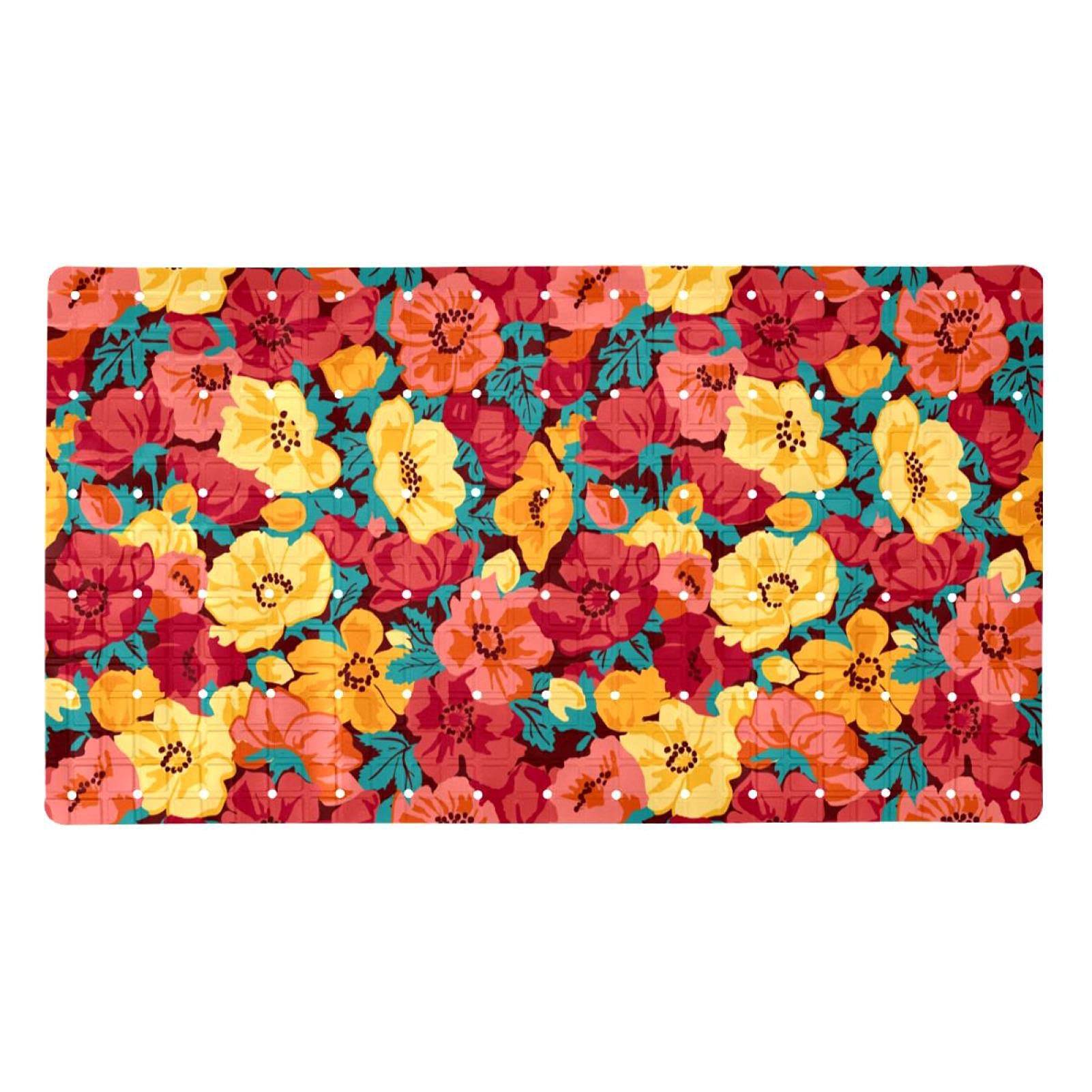 Tapis de baignoire antidérapant jaune et rose à motif floral avec ventouses